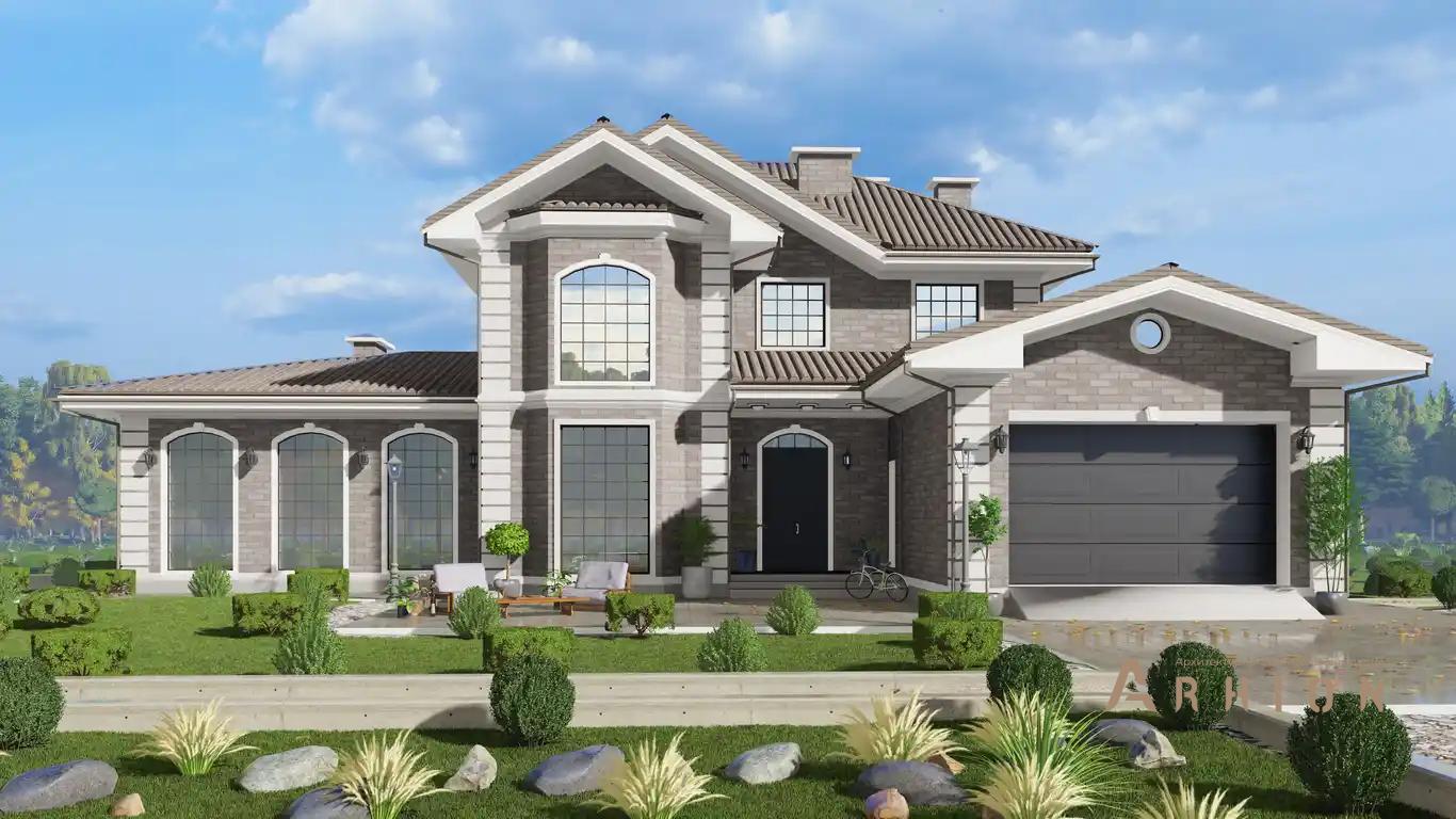 6. Проект двухэтажного дома в европейском стиле с многоскатной кровлей, h-1610, площадью - 517 кв c сауной, терассой, гаражом, бассейном